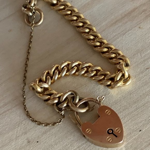 Antique Edwardian 9K Rose Gold Padlock Clasp Chunky Curb Link 27.8g Charm Bracel - Picture 2 of 4